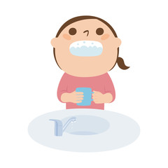 インフルエンザ対策のイラスト。風邪予防のために、うがいをする女の子。