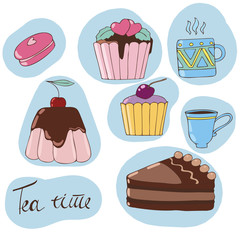 Colorful bakery set with cupcake, pudding, muffin, macaroon, cups, cake and lettering on white background. Template for Stickers, Greeting Scrapbooking, stickers, Invitations.Vector illustration.