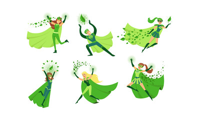 Young People in Green Eco Superheroes Costumes Vector Illustrations Set