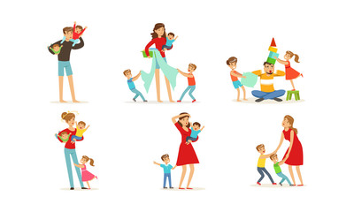 Tired Young Parents Exhausted with Nursing Little Kids Vector Illustrations Set