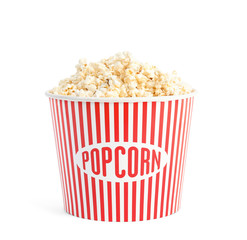 Bucket of tasty pop corn isolated on white