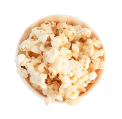 Bucket of tasty pop corn isolated on white, top view