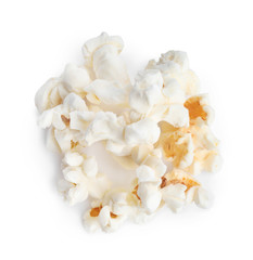 Tasty fresh pop corn isolated on white, top view