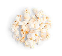 Tasty fresh pop corn isolated on white, top view