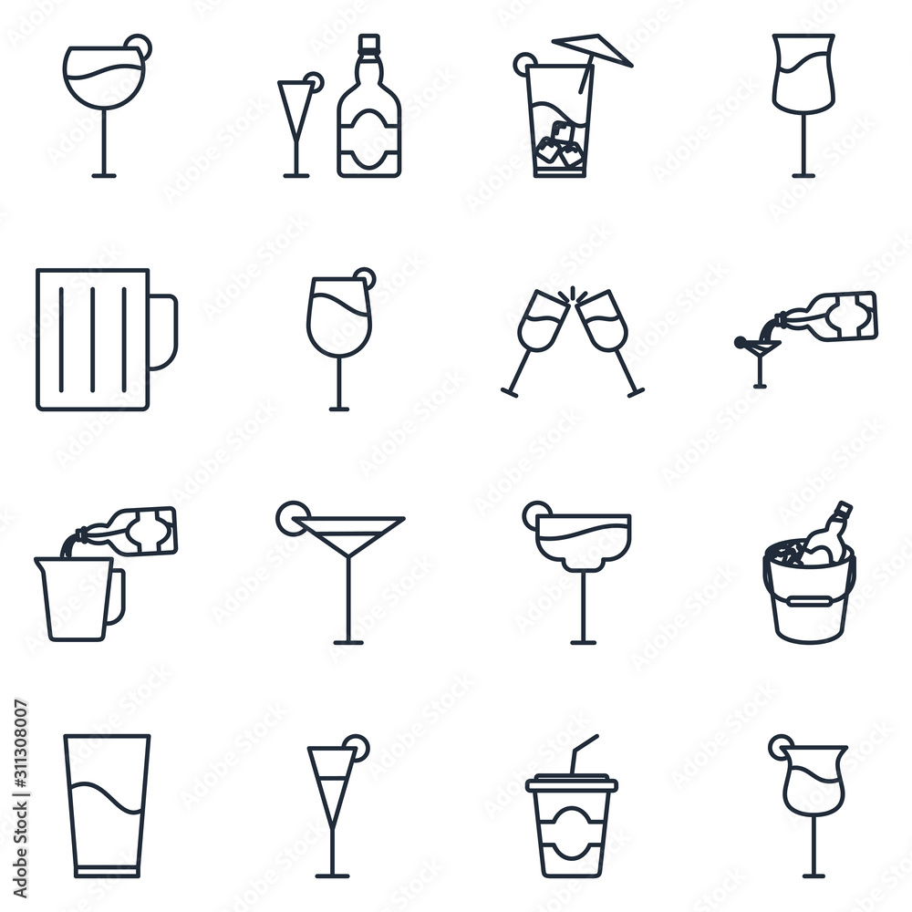 Poster different bar glasses with wine set icon template color editable. different cocktails pack symbol ve