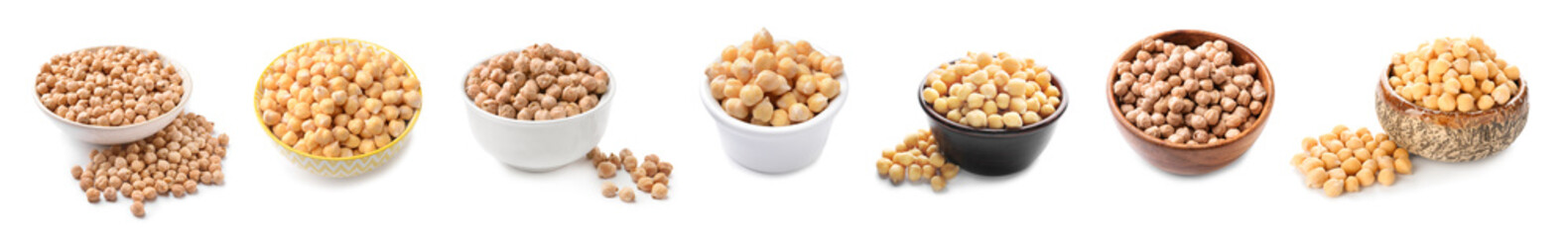 Bowls with raw chickpea on white background