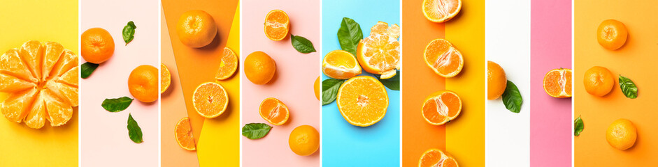 Set of sweet tangerines on color background