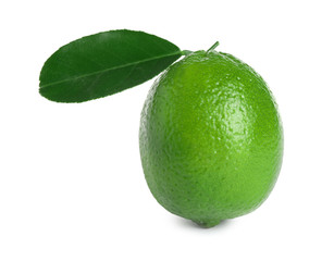 Fototapeta na wymiar Fresh ripe lime with green leaf isolated on white
