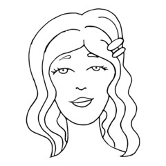 Beautiful woman face, black outline isolated on white background, hand drawing vector illustration.