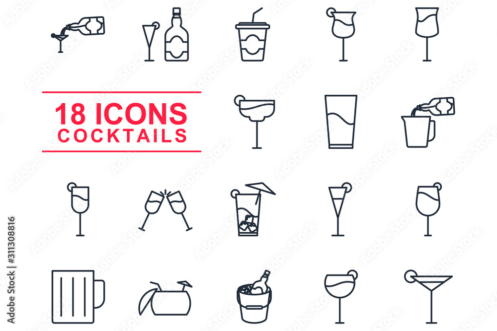 Poster different bar glasses with wine set icon template color editable. different cocktails pack symbol ve