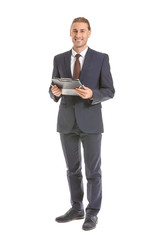 Male real estate agent on white background