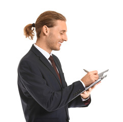 Male real estate agent with clipboard on white background