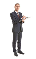 Male real estate agent with clipboard on white background