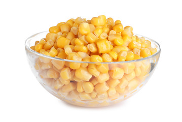 Delicious canned corn in bowl isolated on white