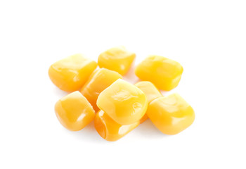 Delicious canned sweet corn isolated on white