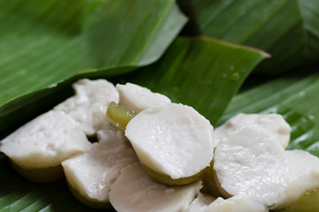 Kanom Tuay - Thai Dessert Coconut Milk Custard on Banana Leaf.