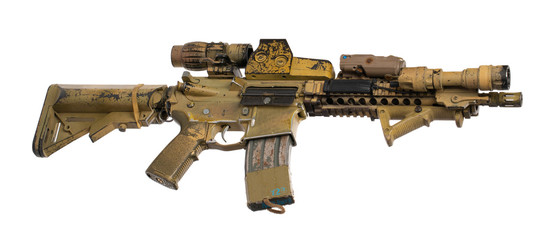 Military toy airsoft rifle isolated on white background - obrazy, fototapety, plakaty