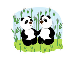  Pandas in love. Color image. Pandas in the bamboo thicket. Decor element. Vector illustration.