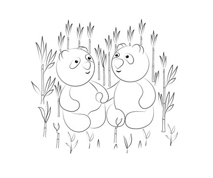 Pandas in love. Contour image. Pandas in the bamboo thicket. Coloring. Decor element. Vector illustration.