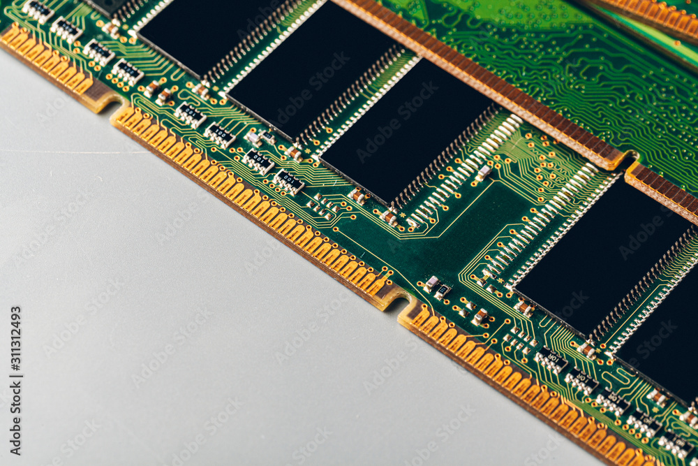 Poster green circuit board of a computer close up