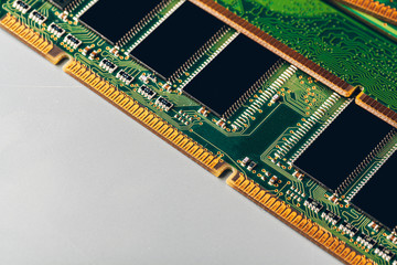 Green circuit board of a computer close up