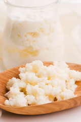 Milk kefir grains in spoon. Yeast bacterial fermentation starter
