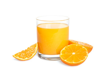 Cut fresh tangerines and glass of juice isolated on white