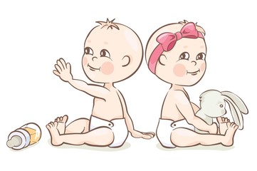 Baby boy and girl. Children aged about a year, vector illustration.	