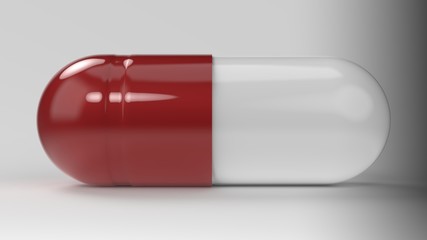 Red white capsule pill isolated closeup view. 3D render