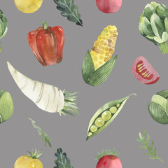 Seamless pattern with vegetables in a watercolor style. resh, wallpaper, decoration, asparagus, pepper, onion, health, garden