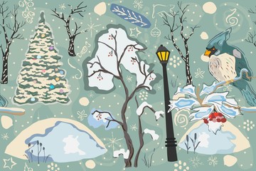 Cute Winter Background with Lovely Bird and Christmas Tree, pastel blue background with different doodles.