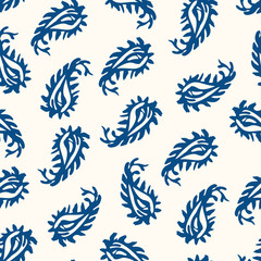 Traditional Hand Painted Classic Blue Paisley Vector Seamless Pattern. Classic Foulard Print