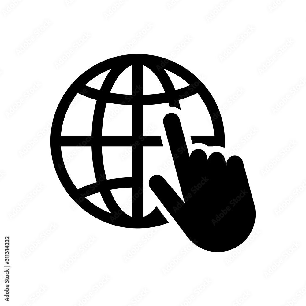 Poster pointer symbol in form of hand points to icon of planet with meridians and parallels