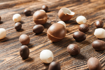 Chocolate Easter eggs on wooden background