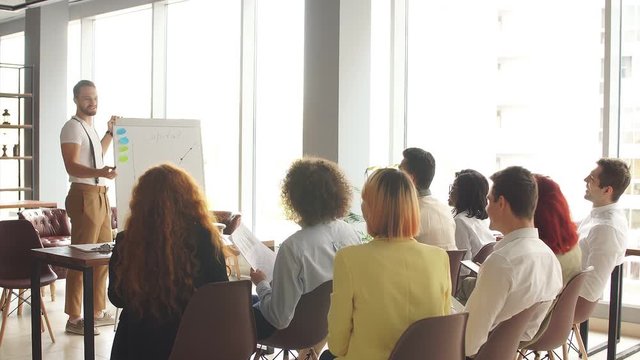 Corporate employees gathered at the conference hall watching product presentation and making notes.