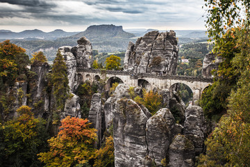 Beautiful stone bastion bridge in Saxon Switzerland in colourful autumn