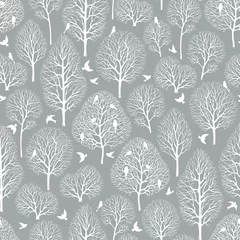 Fototapete Grau Nahtloser Hintergrund mit Silhouette von Bäumen und Vögeln im Garten, Vektorillustration im Vintage-Stil auf grauem Hintergrund.