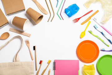 Household goods on white background, top view. Recycling concept