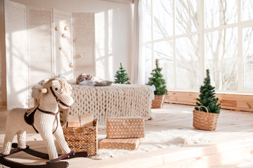 Stylish interior of bedroom on Christmas eve