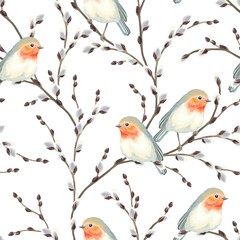 Seamless pattern of Willow branches and birds Robin, vector illustration on white background.