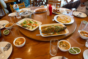 Dining set at the restaurant . Lunch at a hotel.