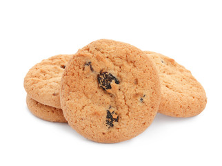 Delicious cookies with raisins on white background