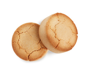 Sweet delicious butter cookies on white background