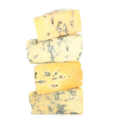 Different tasty cheeses on white background