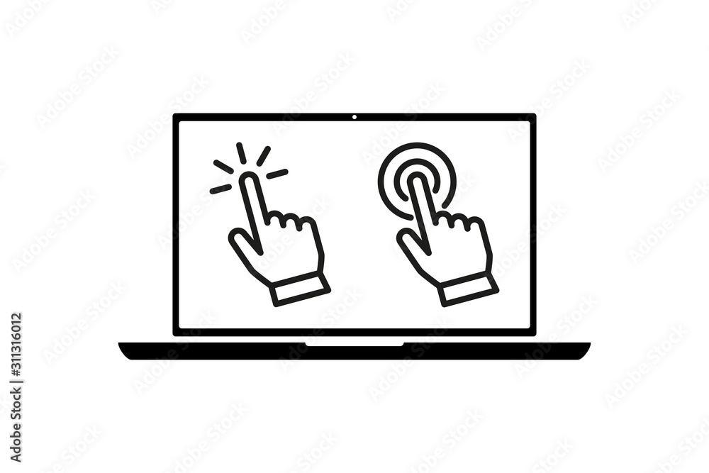 Poster flat black laptop icon with set hand pointer or mouse cursor push linear icon isolated on white. con