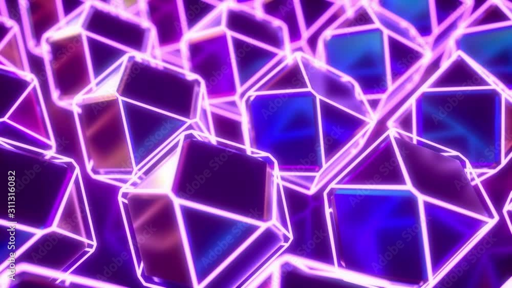 Poster abstract background with neon light glowing cubic shapes. geometric moving objects. footage with abs