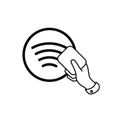  Flat hand applies contactless payment facility to nfc tag icon.
