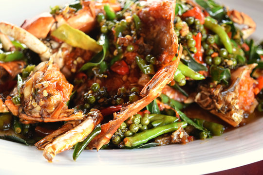 Picture of stir-fried crab meat with black pepper, very tasty in a restaurant in Samut Sakhon Province, Thailand