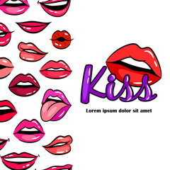 Comic female lips and kiss sign vector background template