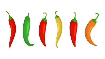 Chilli pepper. Hot red, green and yellow chili peppers. Isolated mexican spices, vector paprika icon signs